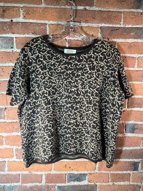 Talbots Petite Silk Cashmere Blend Short Sleeve Sweater Top Brown Scroll Print X